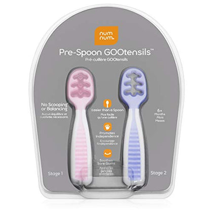 NumNum Pre-Spoon GOOtensils | Baby Spoon Set (Stage 1 + Stage 2) | BPA Free Silicone Self Feeding Toddler Utensils | for Kids Ages 6 Months+, 1-Pack, Two Spoons, Frosty Lilac/Rosebud