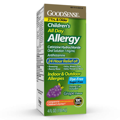 GoodSense Children All Day Allergy, Cetirizine Hydrochloride Oral Solution 1 mg/mL, Grape Flavor, 4 Ounces