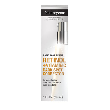 Neutrogena Rapid Tone Repair Retinol + Vitamin C Dark Spot Corrector Face Serum, Daily Anti-Wrinkle Dark Spot Corrector to Brighten & Even Tone, Mineral-Oil & Dye-Free, White, 1 oz