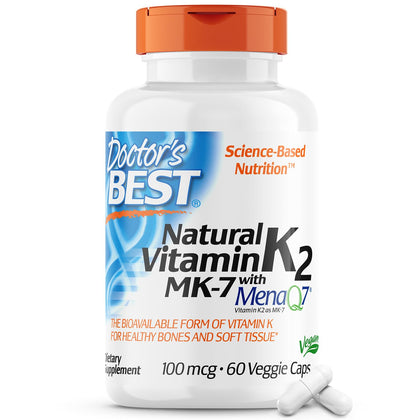Doctor's Best Natural Vitamin K2 Mk-7 with MenaQ7, 100mcg Vitamin K2 Supplement Supports Bone Health, Non-GMO, 60 Veggie Capsules (Expiry -9/30/2025)