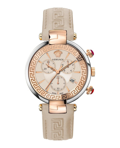 Versace Womens Silver Tone Swiss Made Watch. Revive Chrono Collection. High Fashion Adjustable Ivory Leather Strap with Ivory Dial. Featuring Deluxe Mirror Finish and Red Cabochons