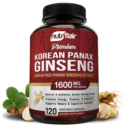 NutriFlair Korean Red Panax Ginseng 1600mg, 120 Vegan Capsules - 5% Ginsenosides High Strength Ginseng Root Extract Focus Supplements - Supports Energy, Strength, Vigor, Performance in Women and Men