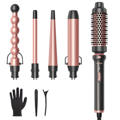 Wavytalk 5 in 1 Curling Iron,Curling Wand Set with Curling Brush and 4 Interchangeable Ceramic Curling Wand(0.5-1.25),Instant Heat Up, Include Heat Protective Glove & 2 Clips-120V 120v