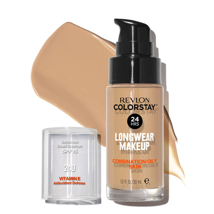 Revlon Liquid Foundation, ColorStay Face Makeup for Combination & Oily Skin, SPF 15, Longwear Medium-Full Coverage with Matte Finish, Medium Beige (240), 1.0 Oz