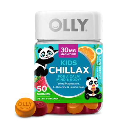 OLLY Kids Chillax, Magnesium Gummies Plus L-Theanine, Lemon Balm, Calm Chews for Kids 4+, Sherbet Flavor - 50 Count (Pack of 1) (expiry -3/31/2025)