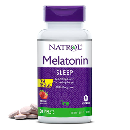 Natrol Melatonin 1mg, Strawberry-Flavored Dietary Supplement for Restful Sleep, 90 Fast-Dissolve Tablets, 90 Day Supply (Expiry -9/30/2024)