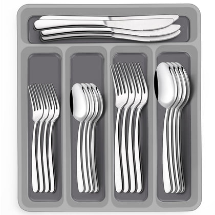 40-Piece Silverware Set with Organizer, EWFEN Heavy Duty Stainless Steel Flatware Set for 8, Food-Grade Tableware Cutlery Set, Utensil Sets for Home Restaurant, Mirror Finish, Dishwasher Safe