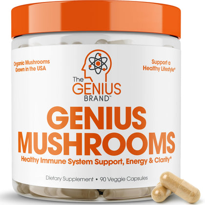 Genius Mushroom - Lions Mane, Cordyceps and Reishi - Immune System Booster & Nootropic Brain Supplement - for Natural Energy, Memory & Liver Support, 90 Veggie Pills (Expiry -1/31/2025)