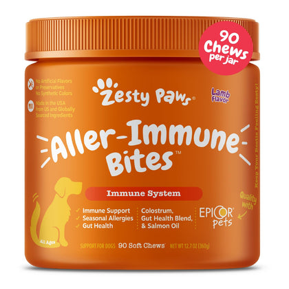 Zesty Paws Dog Allergy Relief - Anti Itch Supplement - Omega 3 Probiotics for Dogs - Salmon Oil Digestive Health - Soft Chews for Skin & Seasonal Allergies - with Epicor Pets - Lamb - 90 Count