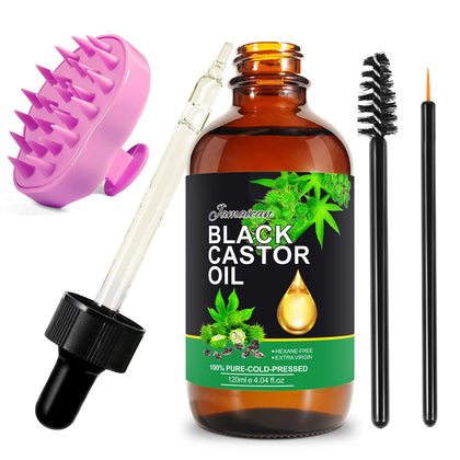 Jamaican Black Castor Oil with Hair Scalp Massager, Shampoo Brush with Soft Silicone Bristles for Scalp Care and Hair Growth, Regrowth Loss Treatment, Essential Oil + Scalp Massager Brush Set