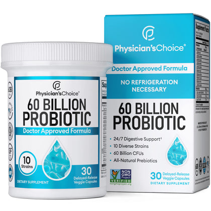 Physician's CHOICE Probiotics 60 Billion CFU - 10 Strains + Organic Prebiotics - Digestive & Gut Health - Supports Occasional Constipation, Diarrhea, Gas & Bloating - For Women & Men - 30ct (Expiry -9/07/2025)