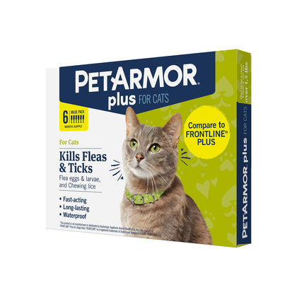 PetArmor Plus for Cats, Flea & Tick Prevention for Cats Over 1.5 lbs, Waterproof and Fast-Acting Topical Flea and Tick Medication, 6 Month of Treatment, 6 Count