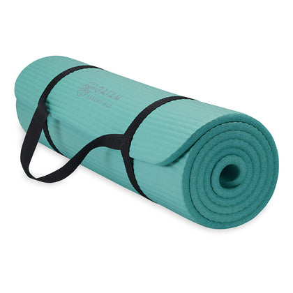 Gaiam Essentials Thick Yoga Mat Fitness & Exercise Mat With Easy-Cinch Carrier Strap, Teal, 72