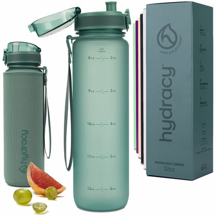 Hydracy Water Bottle with Time Marker -Large 32 oz BPA Free Bottle & No Sweat Sleeve -Leak Proof Gym Bottle with Fruit Infuser Strainer & Times to Drink -Ideal Gift for Fitness Sports & Outdoors