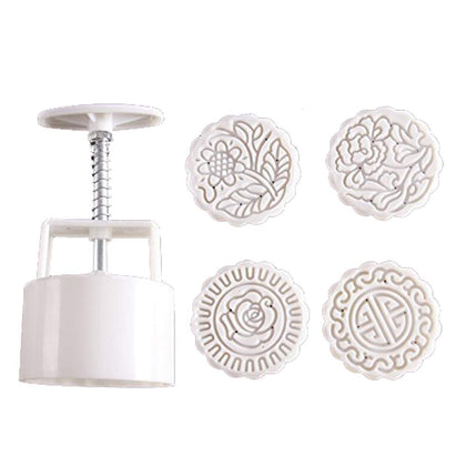 Zicome Round Moon Cake Mold with 4 Stamps, Flowers Design, White