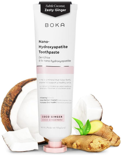 Boka Fluoride Free Toothpaste - Nano Hydroxyapatite, Remineralizing, Sensitive Teeth, Whitening - Dentist Recommended for Adult, Kids Oral Care - Coco Ginger Natural Flavor, 4oz 1 Pk - US Manufactured
