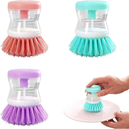 Soap Dispensing Palm Brush Scrubber with Comfort Grip Handle | Dish Brush with Soap Dispenser for Pot Pan Sink Cleaning | Simple Press Button Dispensing Ensures No Leaking (Pink)