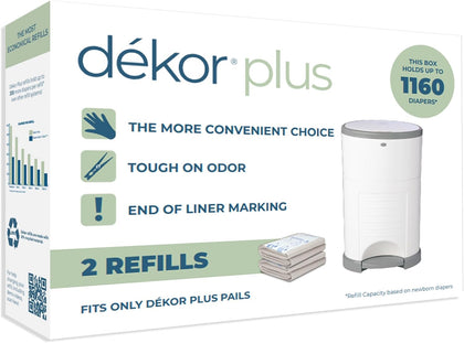 Diaper Dekor Plus Diaper Pail Refills | 2 Count | Most Economical Refill System | Quick & Easy to Replace | No Preset Bag Size Use Only What You Need | Exclusive End-of-Liner Marking