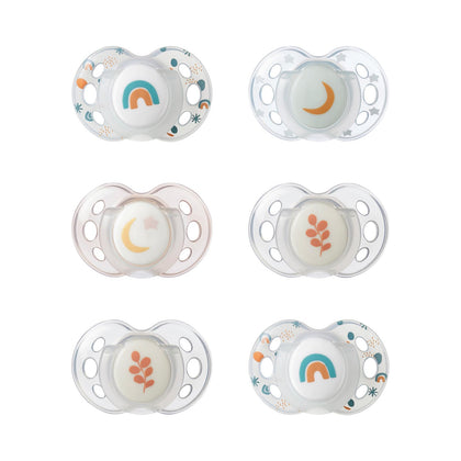 Tommee Tippee Nighttime pacifiers, 18-36 months, 6 pack of glow in the dark pacifiers with symmetrical silicone baglet