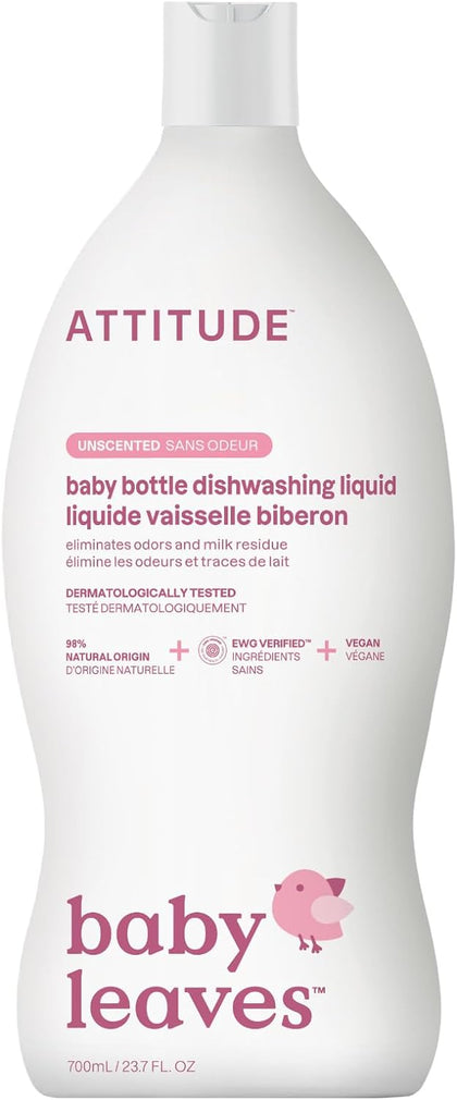 ATTITUDE Baby Bottle and Dishwashing Liquid, EWG Verified, No Added Dyes or Fragrances, Tough on Milk Residue and Grease, Vegan and Cruelty-free, Unscented, 23.7 Fl Oz (Packaging May Vary)
