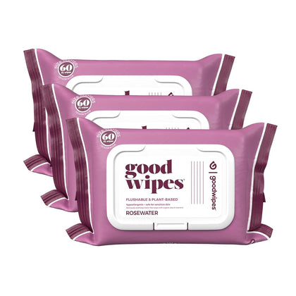 Goodwipes Flushable Butt Wipes Made w/Soothing Botanicals & Aloe - Soft & Gentle Wet Wipe Dispenser for Home Use, Septic & Sewer Safe - Largest Adult Toilet Wipes - Rosewater, 180 count (3 packs)