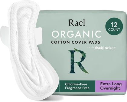 Rael Pads for Women, Organic Cotton Cover - Period Pads with Wings, Feminine Care, Sanitary Napkins, Heavy Absorbency, Unscented, Ultra Thin (Extra Long Overnight, 12 Count)