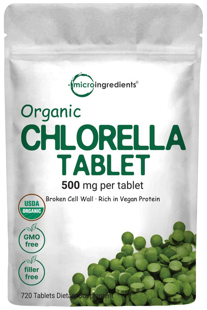 Organic Chlorella Tablets, 500mg Per Tablet, 720 Tabs (360 Grams), 4 Months Supply, Broken Cell Wall, Rich in Vegan Protein & Vitamins, No Filler, No Additives & Non-GMO | Pure Green Algae Superfood (Expiry -8/31/2025)