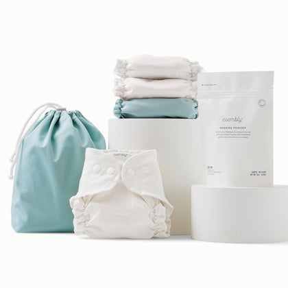 Esembly Cloth Diaper Try-It Kit, Starter Set of Organic, Reusable Diapers with Detergent, Diaper Cream and Diaper Bag - Eco-Friendly Diapering System, Mist, Size 1