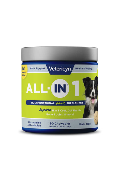 Vetericyn All-in 1 Multifunctional Dog Supplement | Digestive Enzymes + Glucosamine and Chondroitin for Bone and Joint Support + Vitamins, Antioxidants, Prebiotics, Probiotics, and Omegas. 90 Count