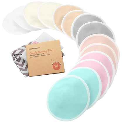 Organic Bamboo Viscose Nursing Breast Pads - 14 Washable Breastfeeding Pads, Wash Bag, Reusable Breast Pads for Breastfeeding (Pastel Touch, L 4.8