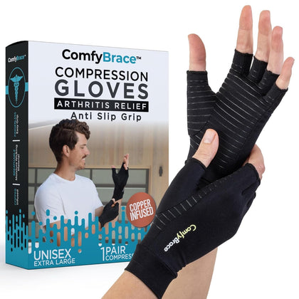 ComfyBrace Arthritis Hand Compression Gloves F.D.A. Comfy Fit, Fingerless Design, Breathable Moisture Wicking Fabric - Ease Muscle Tension, Relieve Carpal Tunnel Aches (Small)