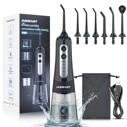 Cordless Water Dental Flosser Teeth Cleaner, INSMART Professional 300ML Tank DIY Mode USB Rechargeable Dental Oral Irrigator for Home and Travel, IPX7 Waterproof 4 Modes Irrigate for Oral Care Black