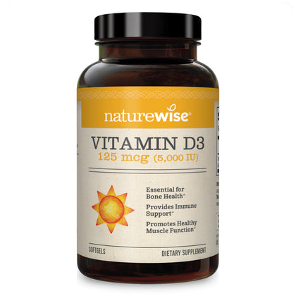 NatureWise Vitamin D3 5000iu (125 mcg) Healthy Muscle Function, and Immune Support, Non-GMO, Gluten Free in Cold-Pressed Olive Oil, Packaging Vary ( Mini Softgel), 90 Count (Expiry -10/30/2026)