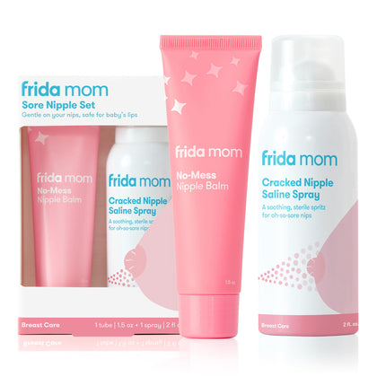Frida Mom Sore Nipple Set | Cracked Nipple Saline Spray, No-Mess Cream | 2 Piece Set | Breastfeeding Set for New Moms