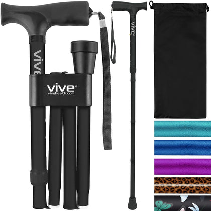 Vive Foldable Walking Cane for Men, Women - Collapsible, Lightweight, Adjustable, Portable Hand Walking Stick - Balancing Mobility Aid - Sleek, Comfortable T Handles (Black)