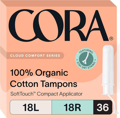 Cora Organic Applicator Tampon Multipack | 18 Light and 18 Regular Absorbency | 100% Organic Cotton, Unscented, Plant-Based Compact Applicator | Leak Protection, Easy Insertion, Non-Toxic | 36 Count