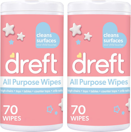 Wipes by Dreft, Multi-Surface All Purpose Cleaner Wet Wipes, 70 Count Pack of 2 (140 Total Wipes), Safely Cleans Baby Toys, Car Seat, High Chair, Counter Tops and More