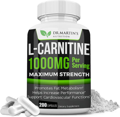 DR. MARTIN'S NUTRITION Extra Strength L-Carnitine - 200 Capsules - 1000mg Per Serving - Boost Your Metabolism and Increase Performance (Expiry -1/31/2027)