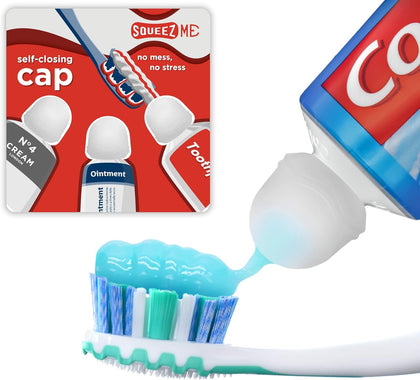 Toothpaste Caps 3 Pack, SqueezMe by Chrome Cherry, Self-Closing, Reusable Silicone Caps, Mess-Free Toothpaste Dispenser Squeezer Lids for Kids, Adults, Bathroom Accessories for Tooth and Gum Health