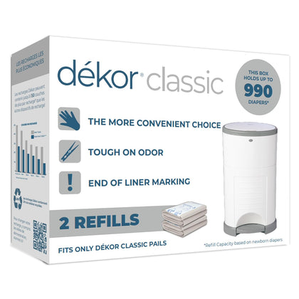 Diaper Dekor Classic Diaper Pail Refills | 2 Count | Most Economical Refill System | Quick & Easy to Replace | No Preset Bag Size Use Only What You Need | Exclusive End-of-Liner Marking