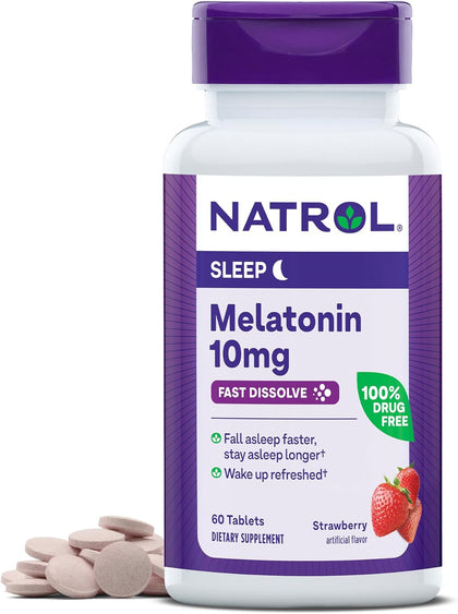 Natrol Melatonin 10mg, Strawberry-Flavored Dietary Supplement for Restful Sleep, 60 Fast-Dissolve Tablets, 60 Day Supply