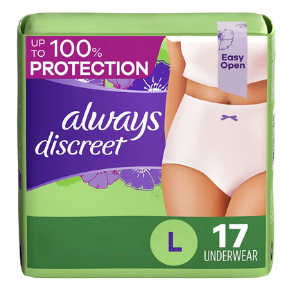 Always Discreet Adult Incontinence & Postpartum Underwear for Women, Protective Briefs & Underwear, Maximum, Large, 17 Count