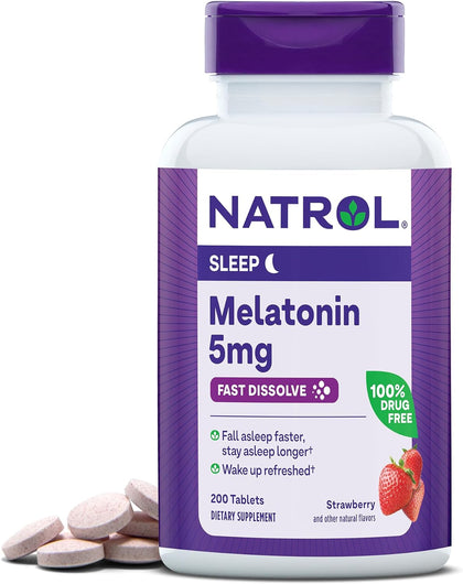 Natrol Melatonin 5mg, Strawberry-Flavored Dietary Supplement for Restful Sleep, 200 Fast-Dissolve Tablets, 200 Day Supply