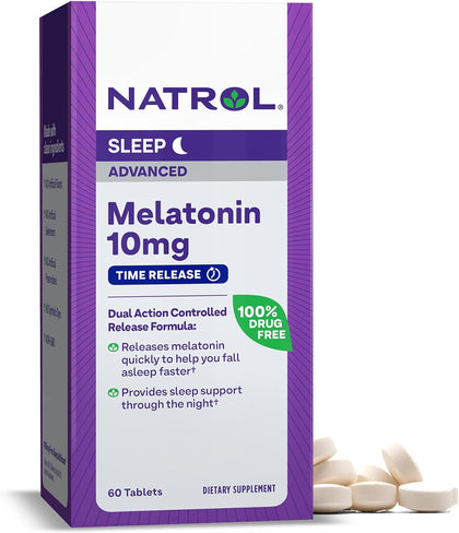 Natrol Melatonin Advanced Sleep Aid Tablets with Vitamin B6, Fall Asleep Faster, Stay Asleep Longer, 2-Layer Controlled Release, Dietary Supplement, Drug-Free, 10mg, 60 Time Release Tablets