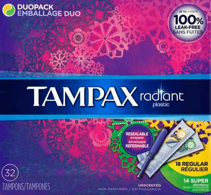 Tampax Radiant Tampons, Regular/Super Absorbency DuoPack, Unscented, 28 Count