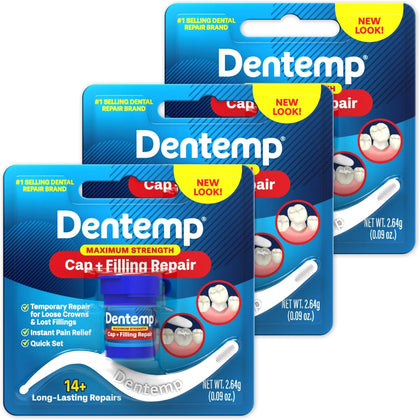 Dentemp Maximum Strength Loose Cap and Lost Filling Repair - Dental Repair Kit (Pack of 3) - Temporary Filling for Tooth - Long Lasting Tooth Filling
