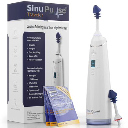 SinuPulse Traveler with 30 Sinuair Packets - Cordless Pulsating Nasal Irrigation Sinus Rinse System, Space Saving Cleaner & Relief Machine for Travel, More Effective than Neti Pot or Nose Spray Bottle