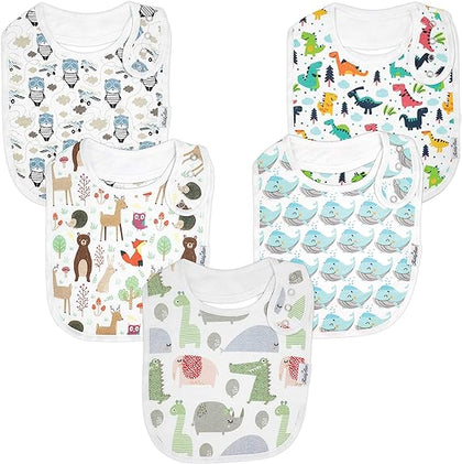 KiddyStar Premium 100% Organic Cotton Toddler Bib, 5-Pack Extra Large Baby Bibs, Baby Shower Item for Feeding, Drooling, Teething (Dinos & Whales)