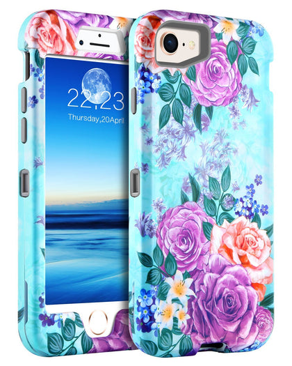 GUAGUA iPhone 7 Case iPhone 8 Case Peonies Floral Girls Women Hybrid Three Layer Hard PC Cover Soft Bumper Heavy Duty Shockproof Protective Durable Phone Case for iPhone 7/8(4.7 inch) Mint Green