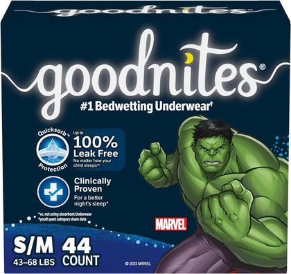 Goodnites Boys' Nighttime Bedwetting Underwear, Size S/M (43-68 lbs), 44 Ct (2 Packs of 22), Packaging May Vary